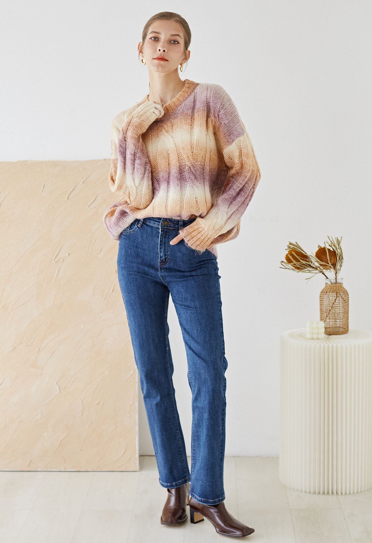 Ombre Braided Knit Round Neck Sweater