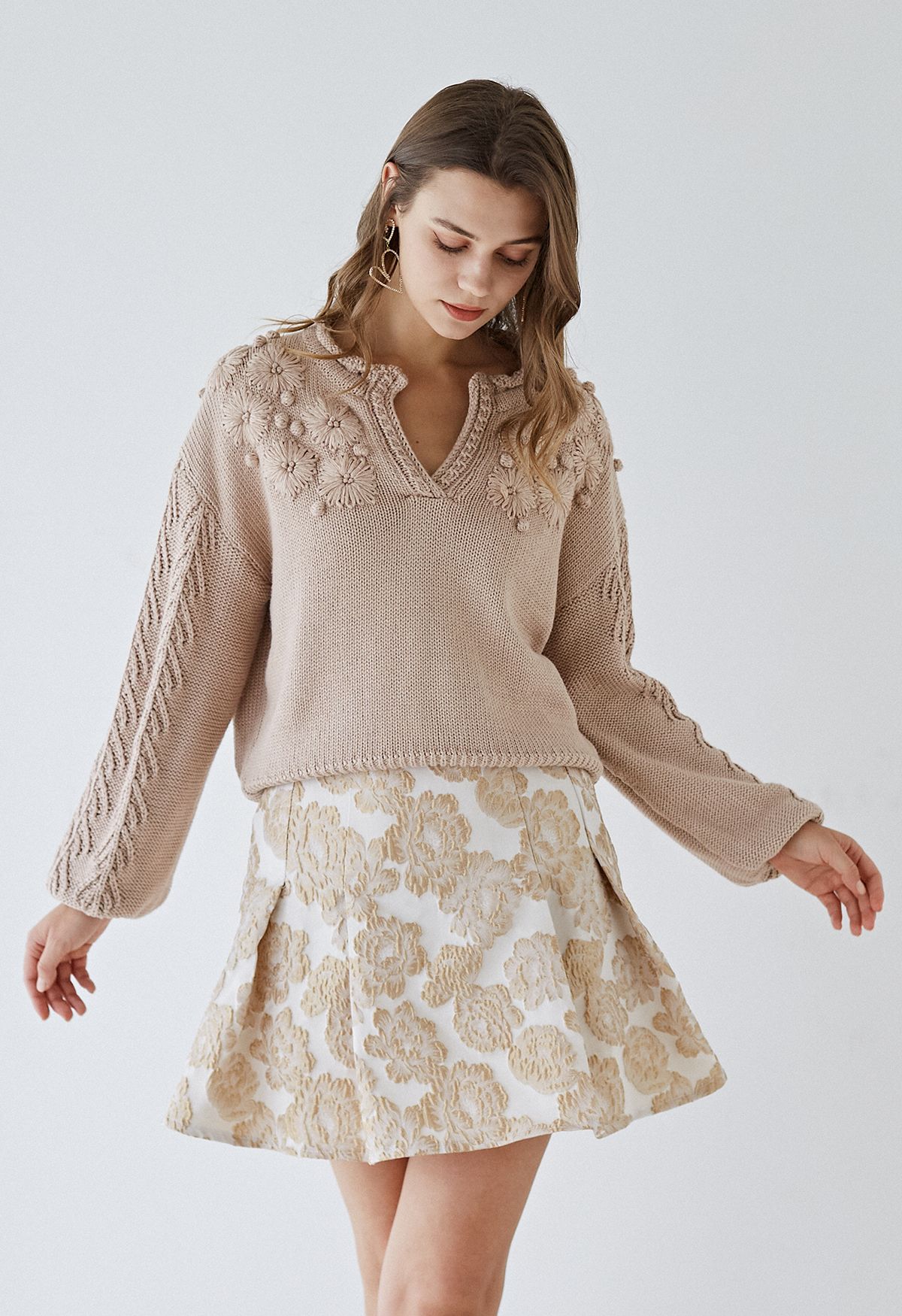 Blooming Passion Floral Stitch V-Neck Knit Sweater in Taupe