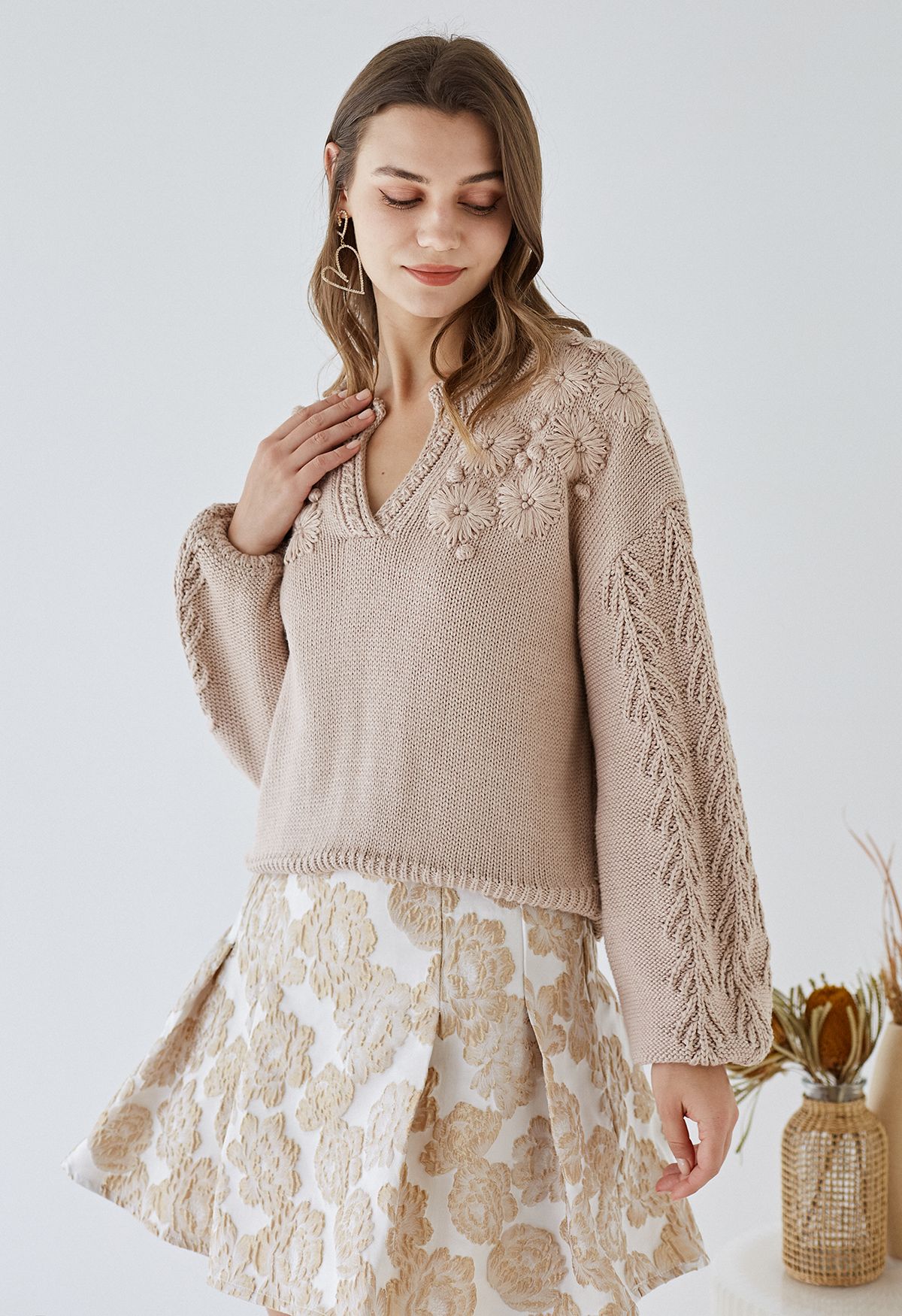 Blooming Passion Floral Stitch V-Neck Knit Sweater in Taupe