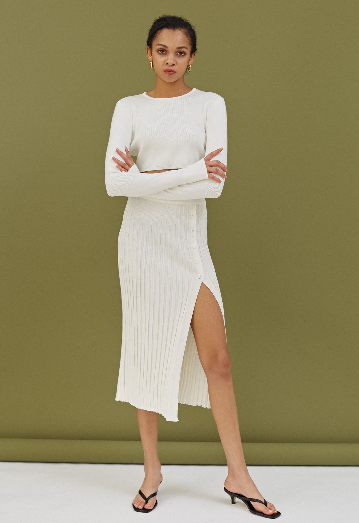 Knitted Crop Top and Buttoned Slit Skirt Set in White