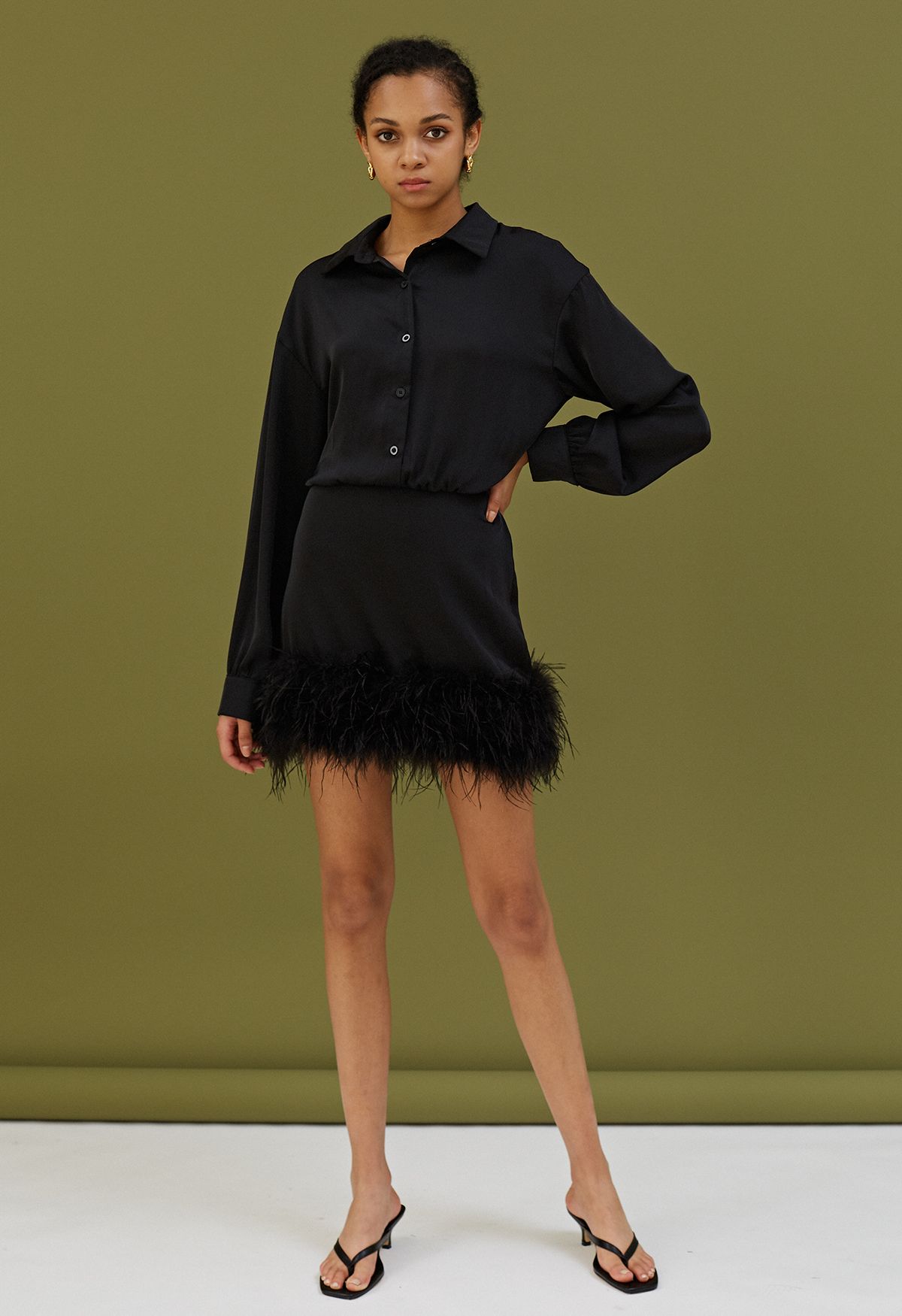 Ethereal Feather Long Sleeve Satin Dress in Black