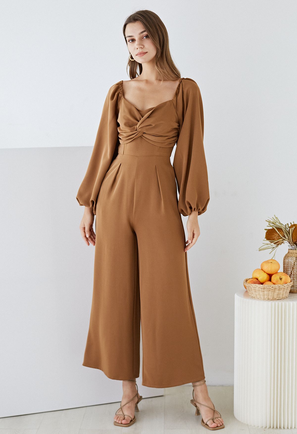 Twisted Front High Waist Jumpsuit in Caramel