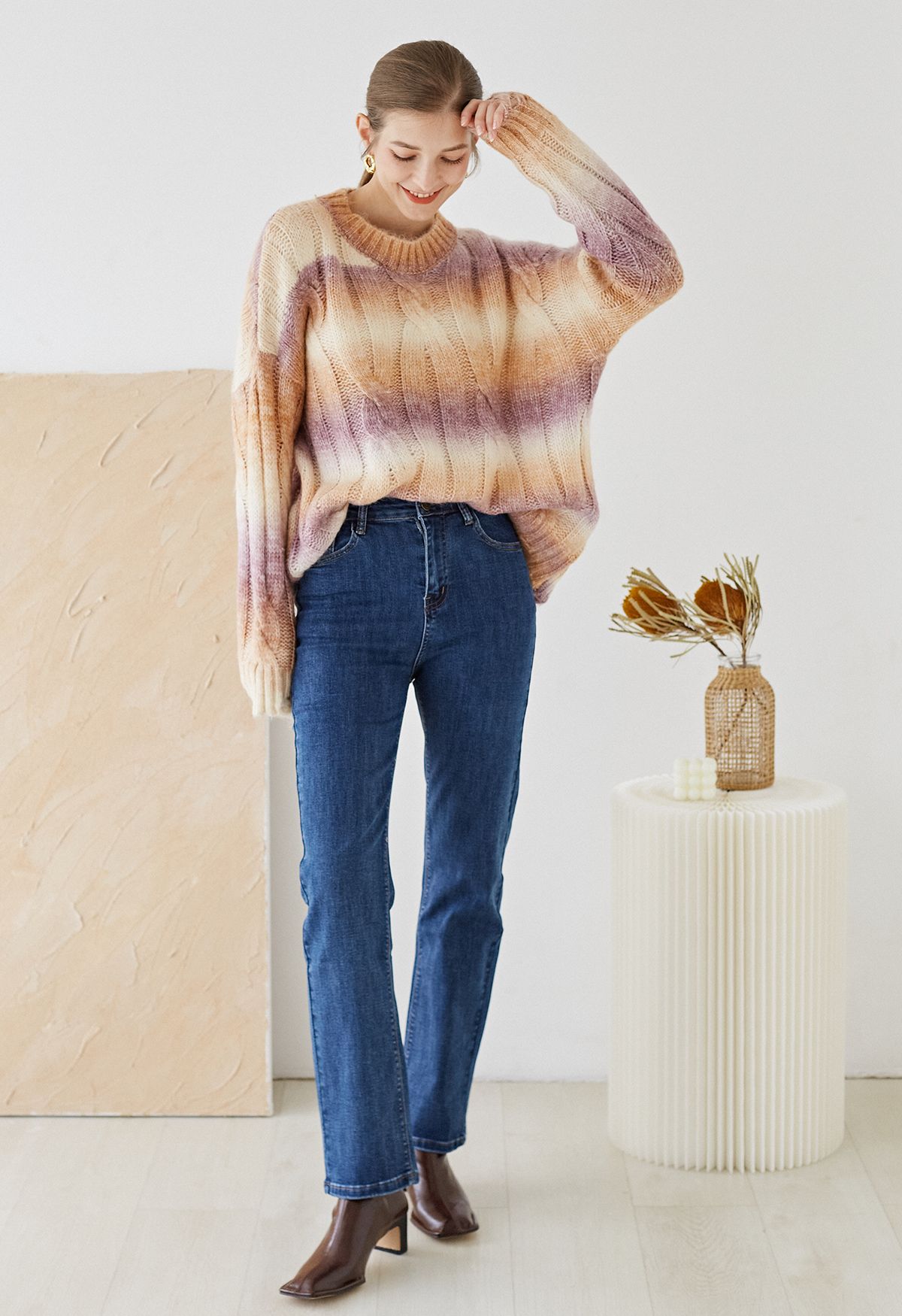 Ombre Braided Knit Round Neck Sweater