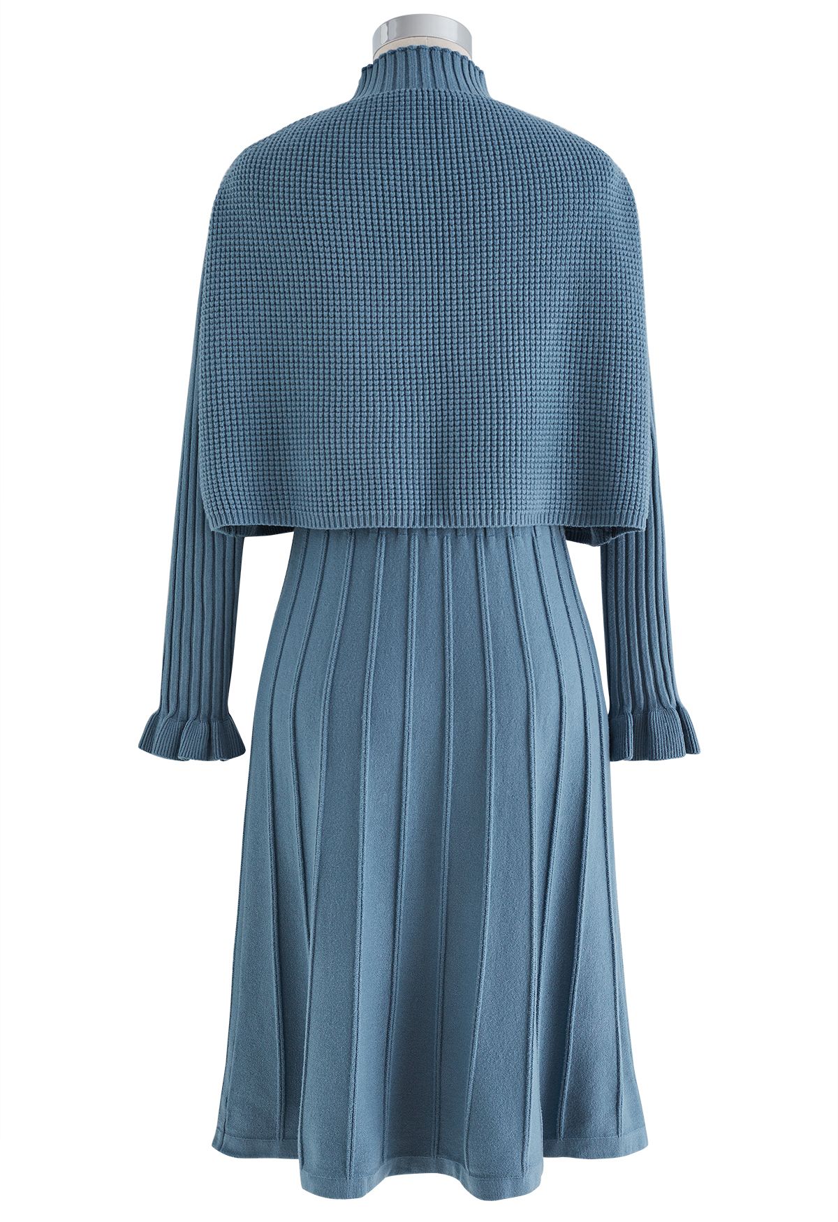 Mock Neck Pleated Knit Twinset Dress in Teal