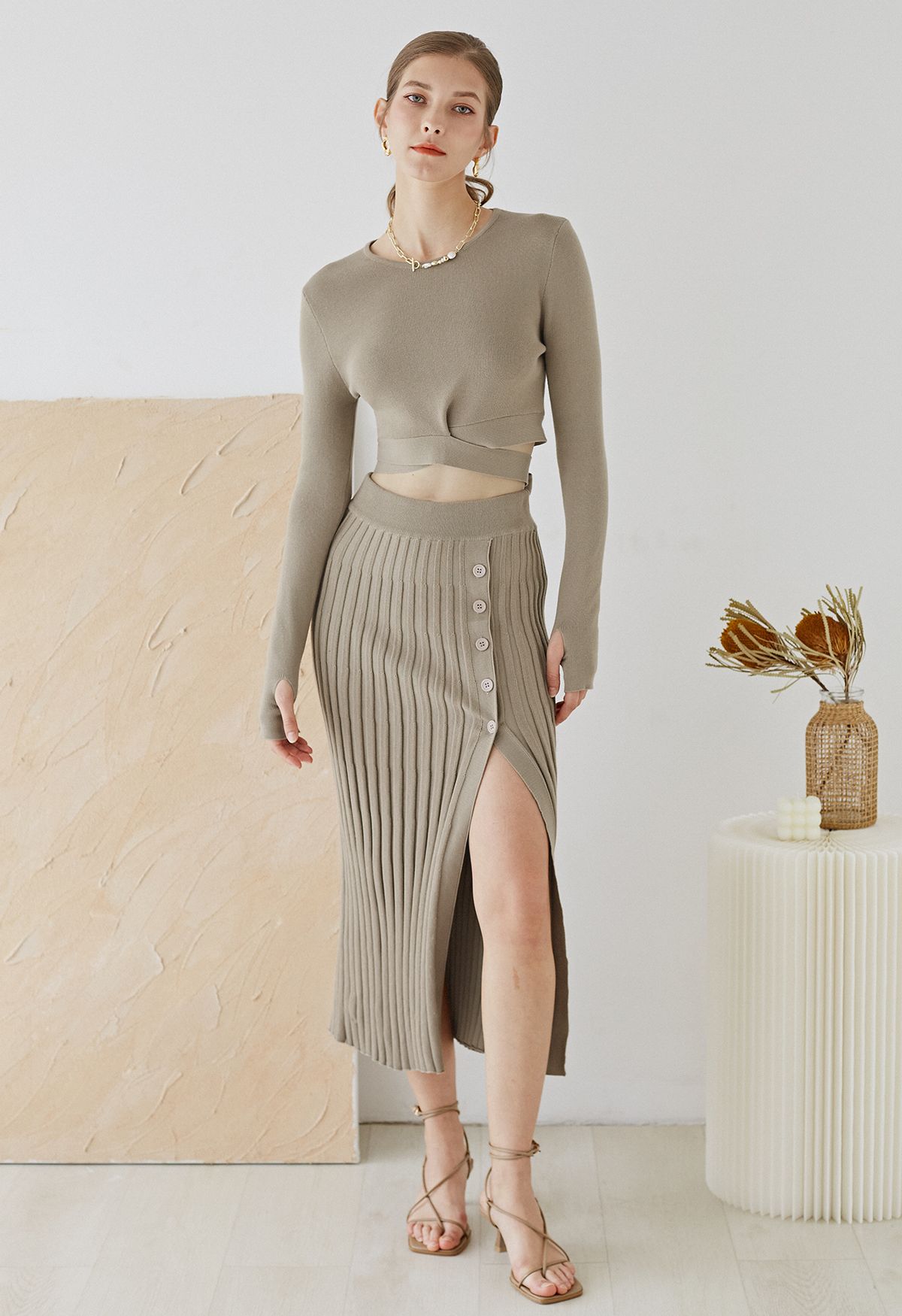 Buttoned Front Slit Rib Knit Skirt in Taupe