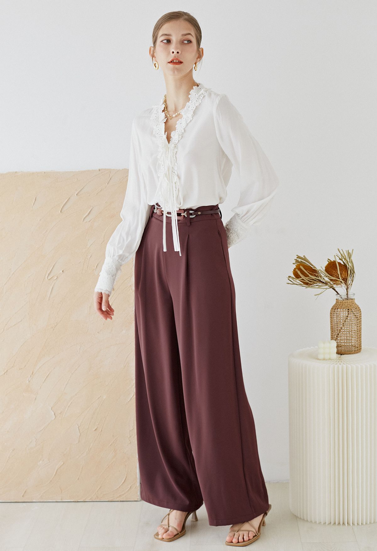 Pleat Front Wide-Leg Belted Pants in Berry