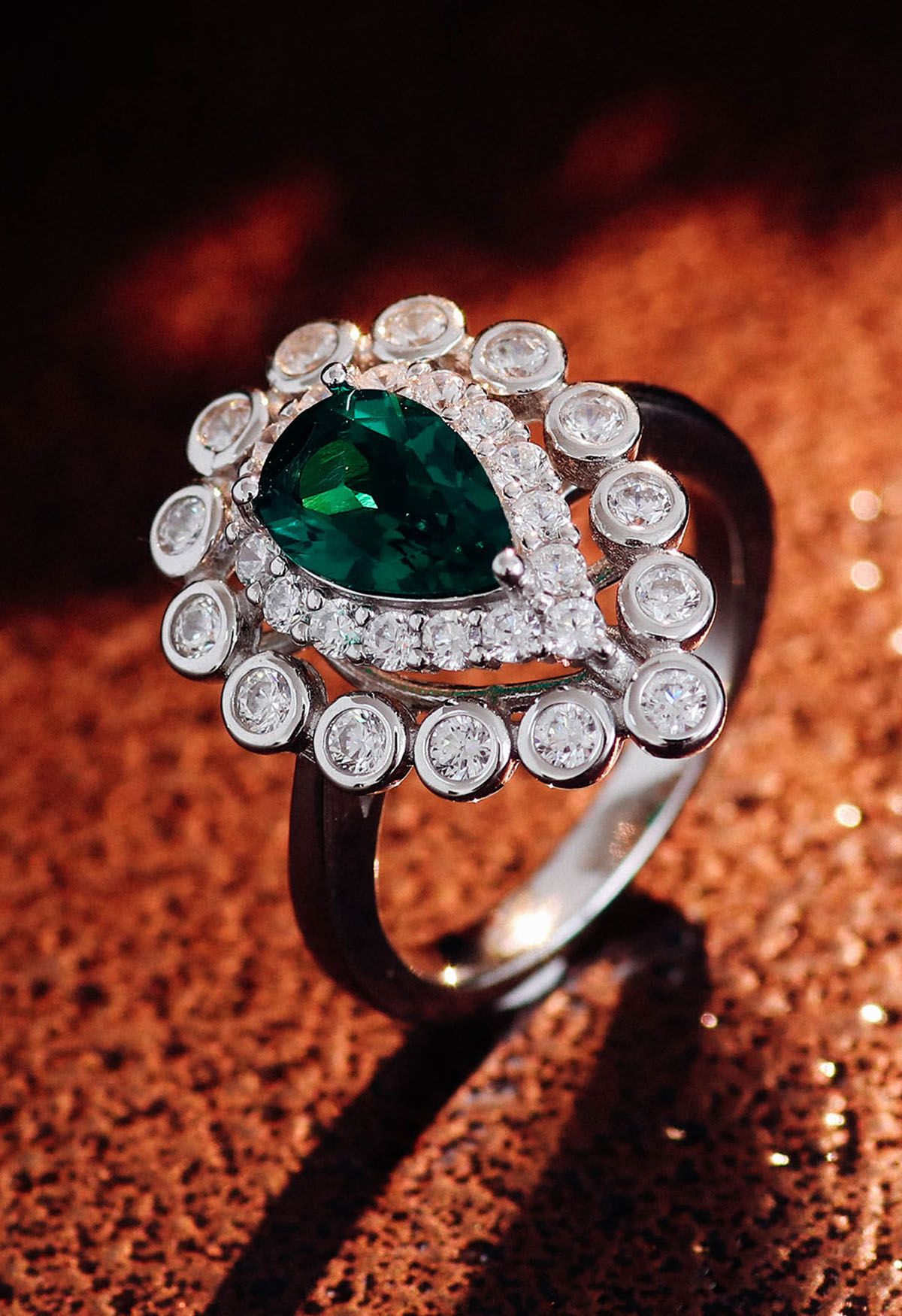 Pear Emerald Gem Diamond Trim Ring