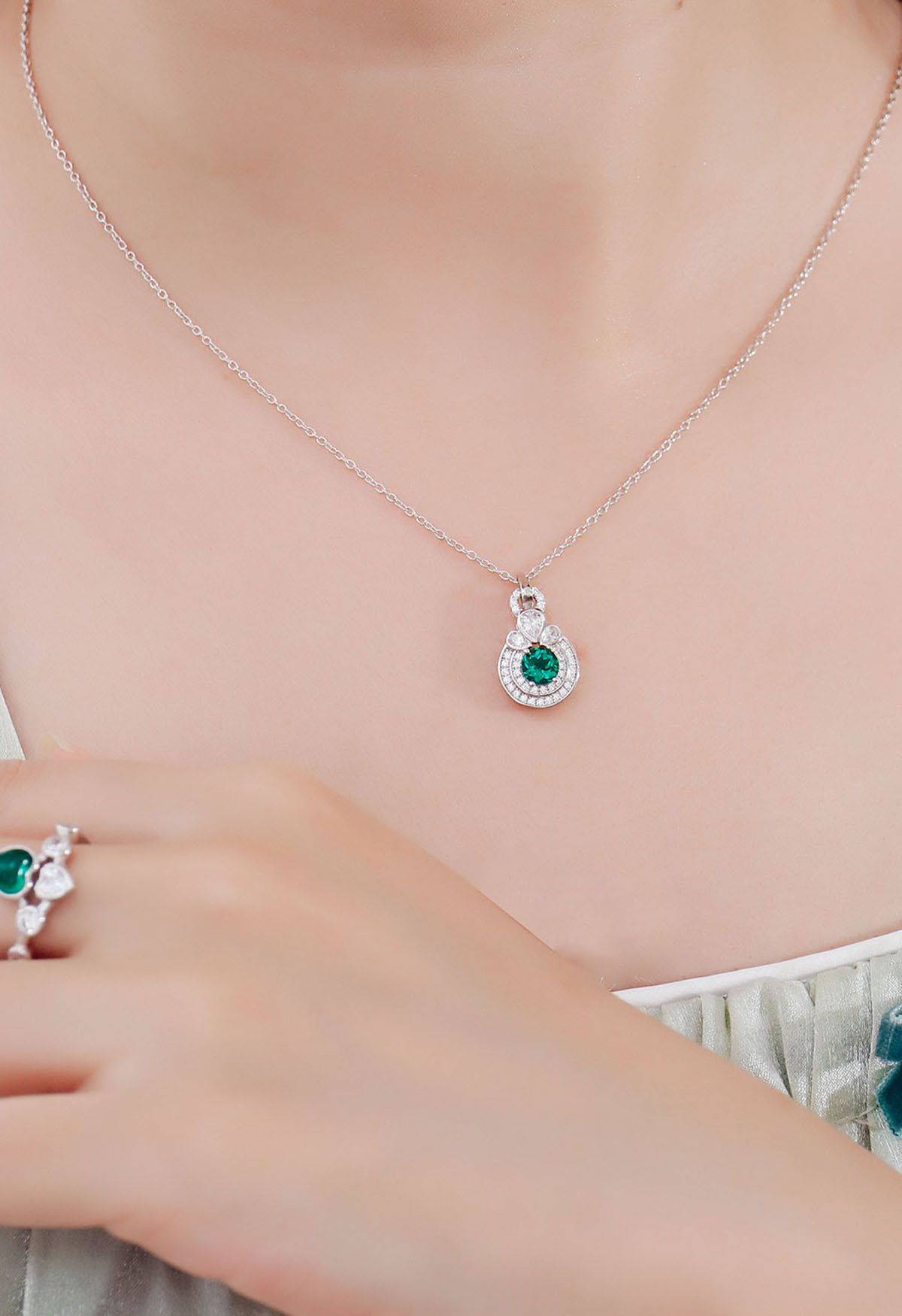 Rounded Halo Emerald Diamond Necklace