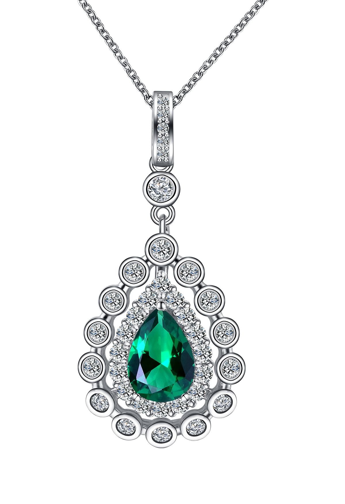Pear Emerald Gem Diamond Trim Necklace