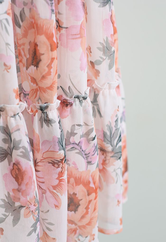 Watercolor Flower Ruffle Trim Chiffon Cami Dress