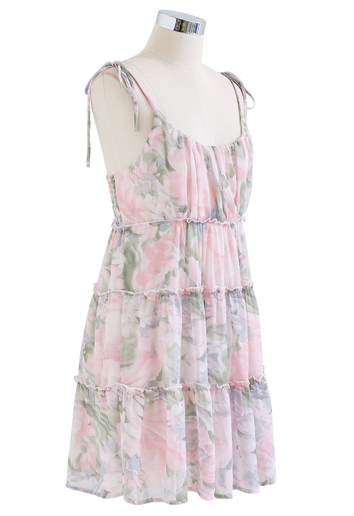Pastel Flower Ruffle Trim Chiffon Cami Dress