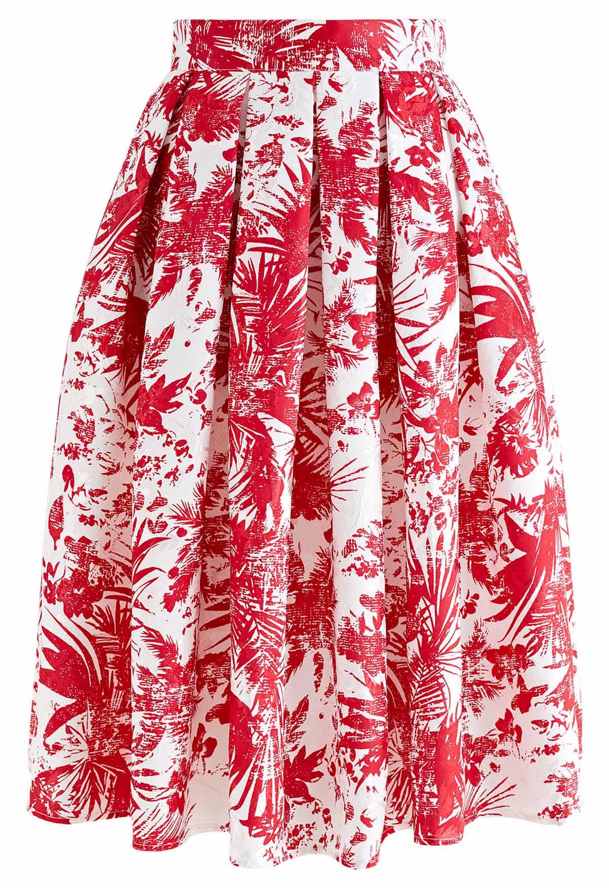 Tropical Groove Jacquard Pleated Midi Skirt in Red