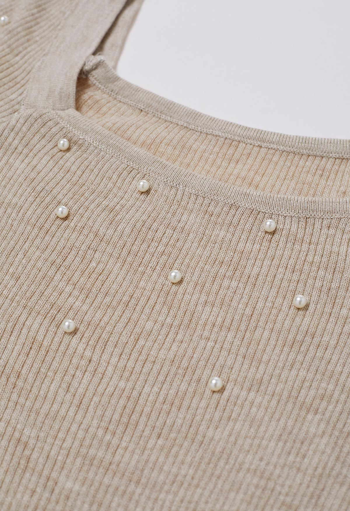 Square Neck Pearly Fitted Knit Top in Oatmeal