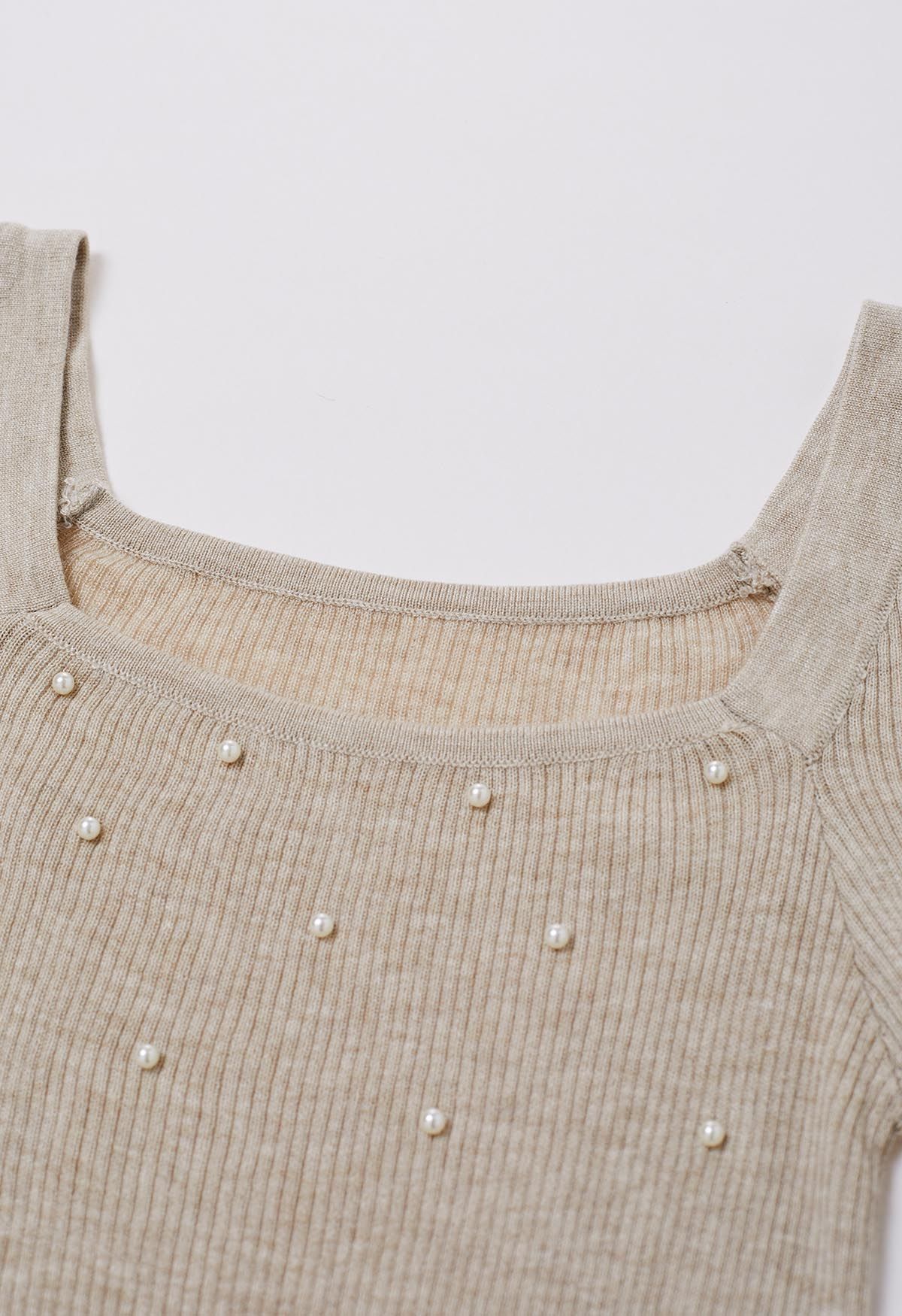 Square Neck Pearly Fitted Knit Top in Oatmeal