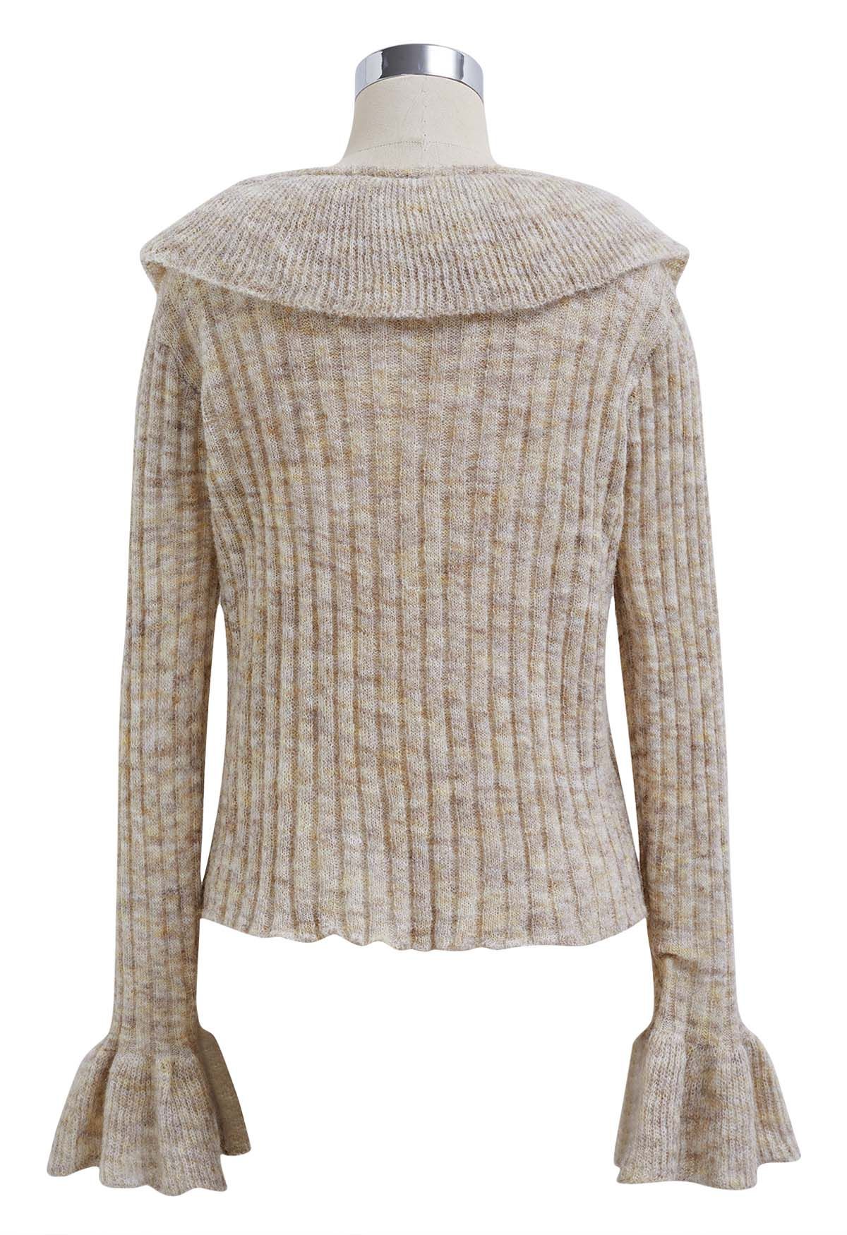 Exaggerated Ruffle Neck Self-Tie Knit Top in Oatmeal