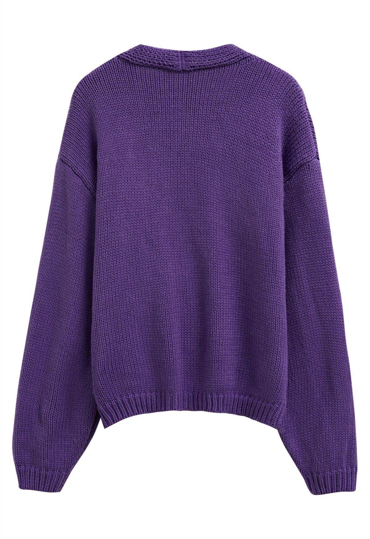 Mystic Bats Patch Buttoned Knit Cardigan in Purple