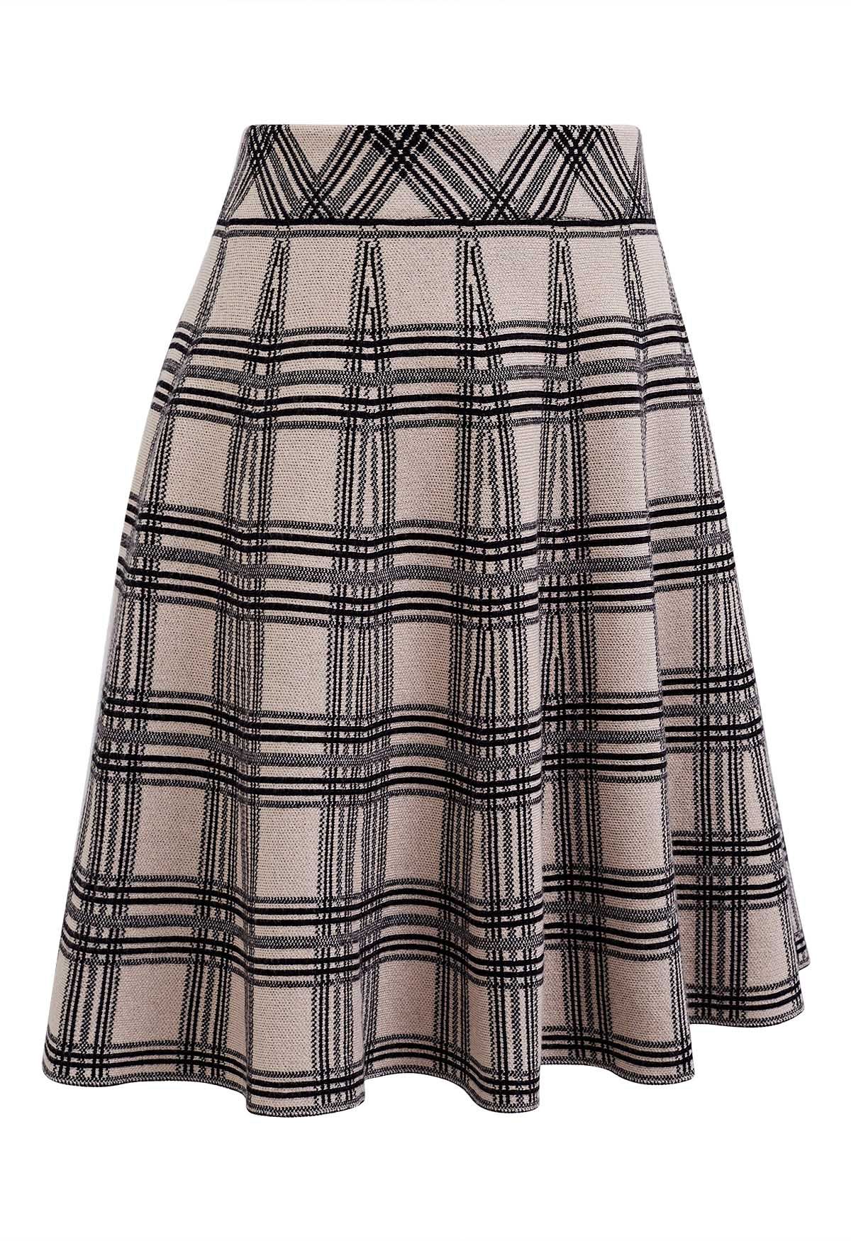 Plaid Knit High Waist Mini Skirt in Light Tan