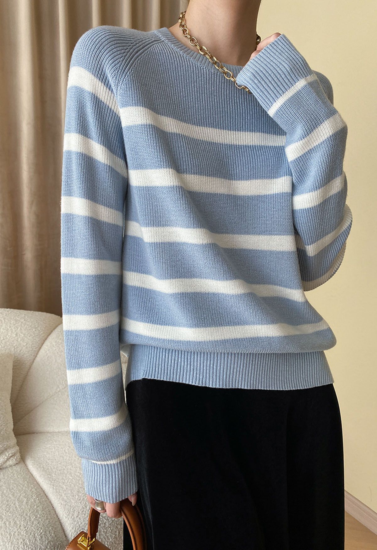 Versatile Round Neck Striped Knit Sweater in Blue