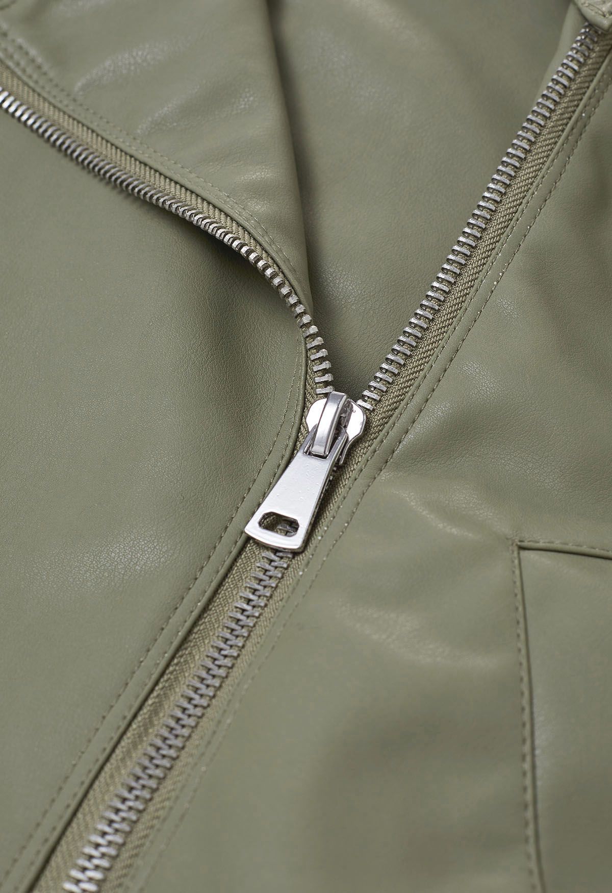 Diagonal Zip Up Faux Leather Jacket in Olive