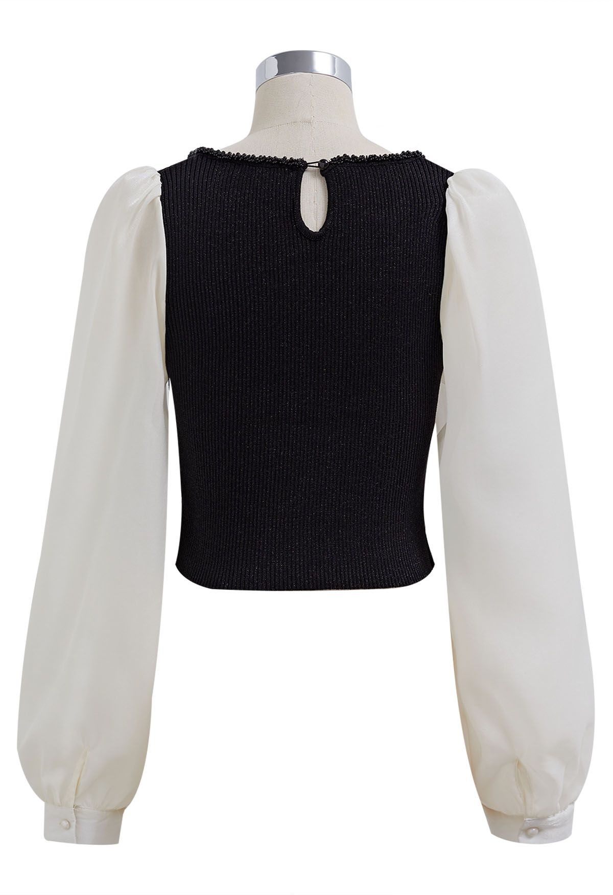 Beaded Square Neck Spliced Puff Sleeve Knit Top in Black