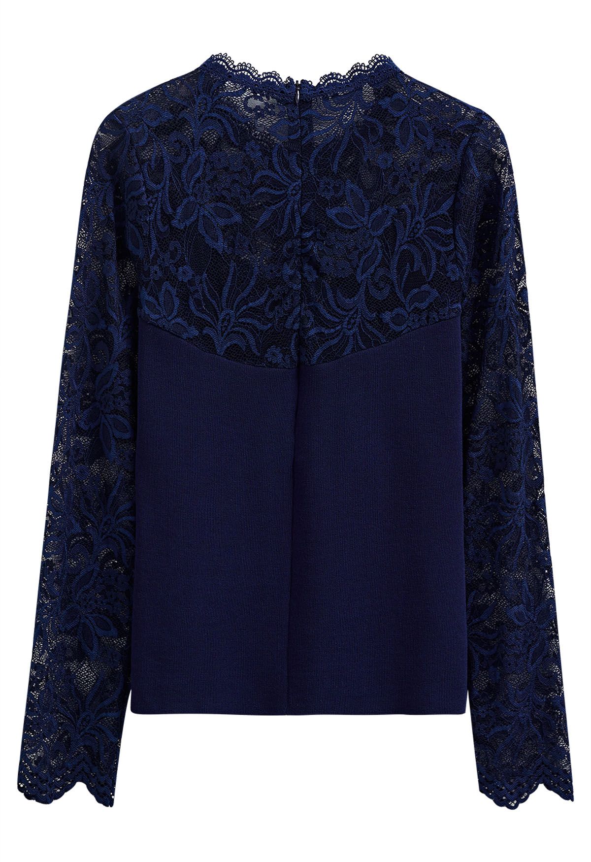 Ethereal Floral Lace Spliced Knit Top in Navy