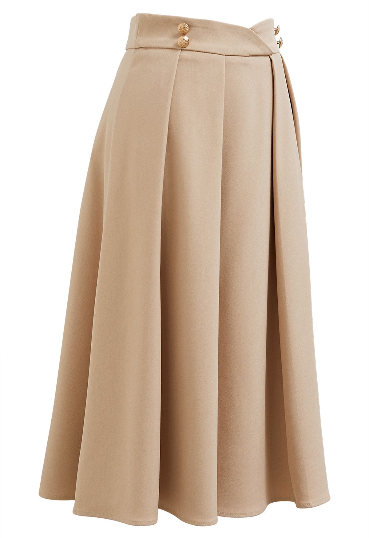 Button Embellished Waist Pleated Midi Skirt in Sand