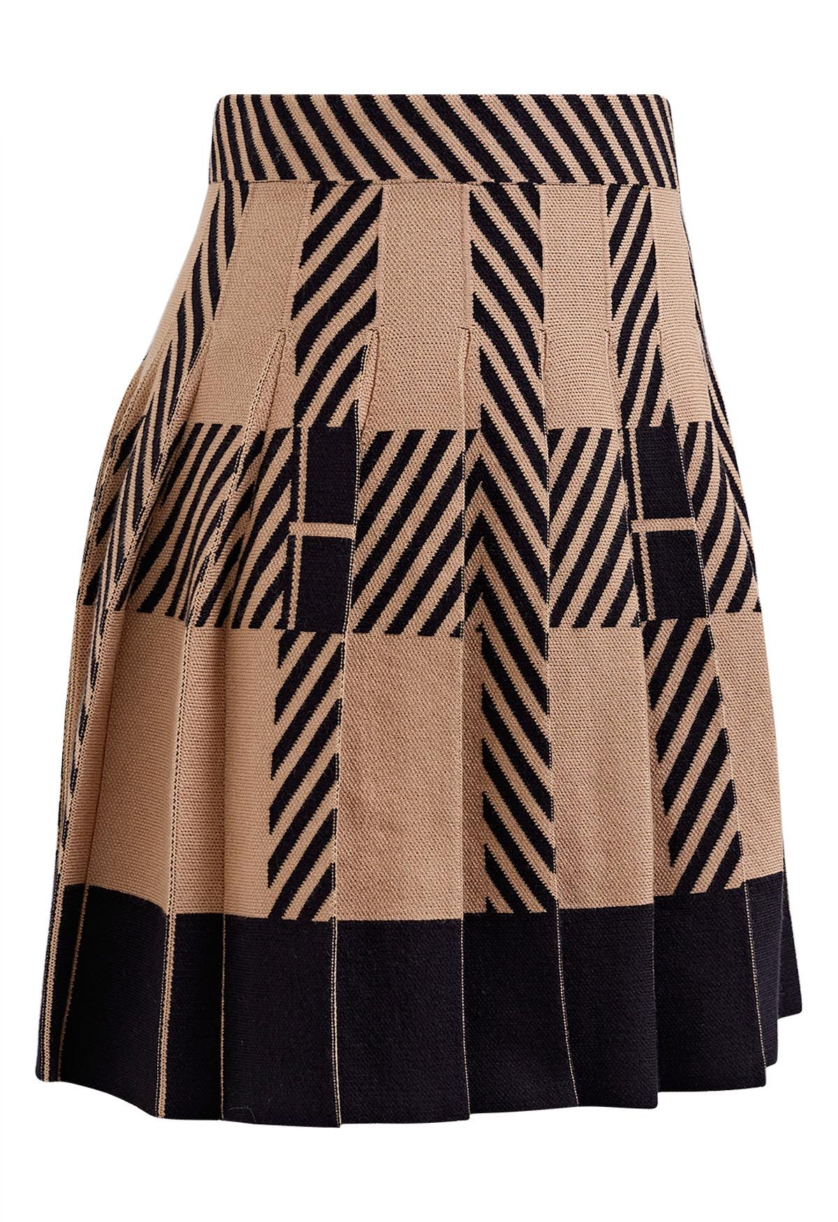 Color Block Striped Pleated Knit Skirt in Tan