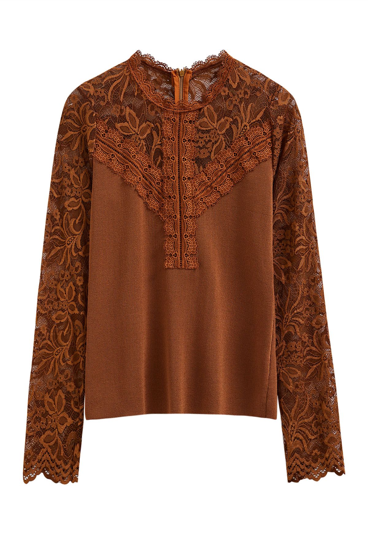 Ethereal Floral Lace Spliced Knit Top in Caramel