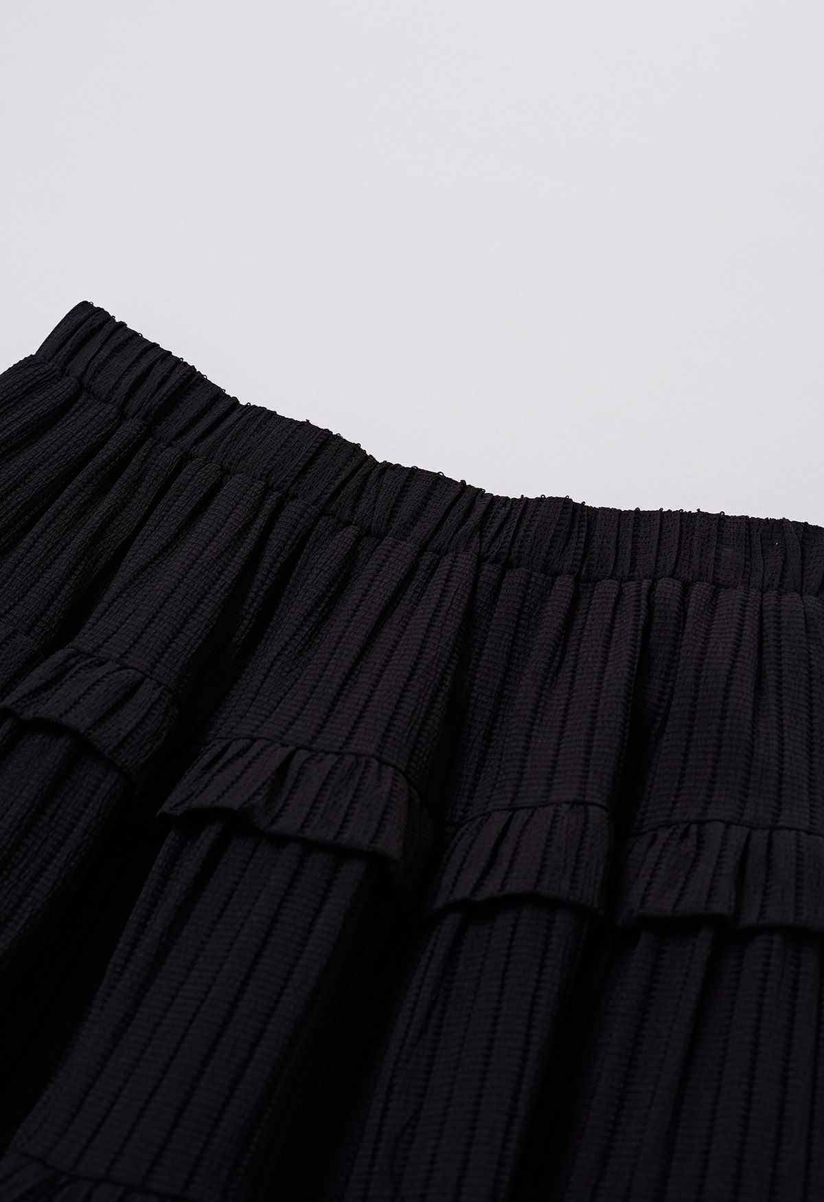 Ruffle Tiered Stripe Texture Maxi Skirt in Black