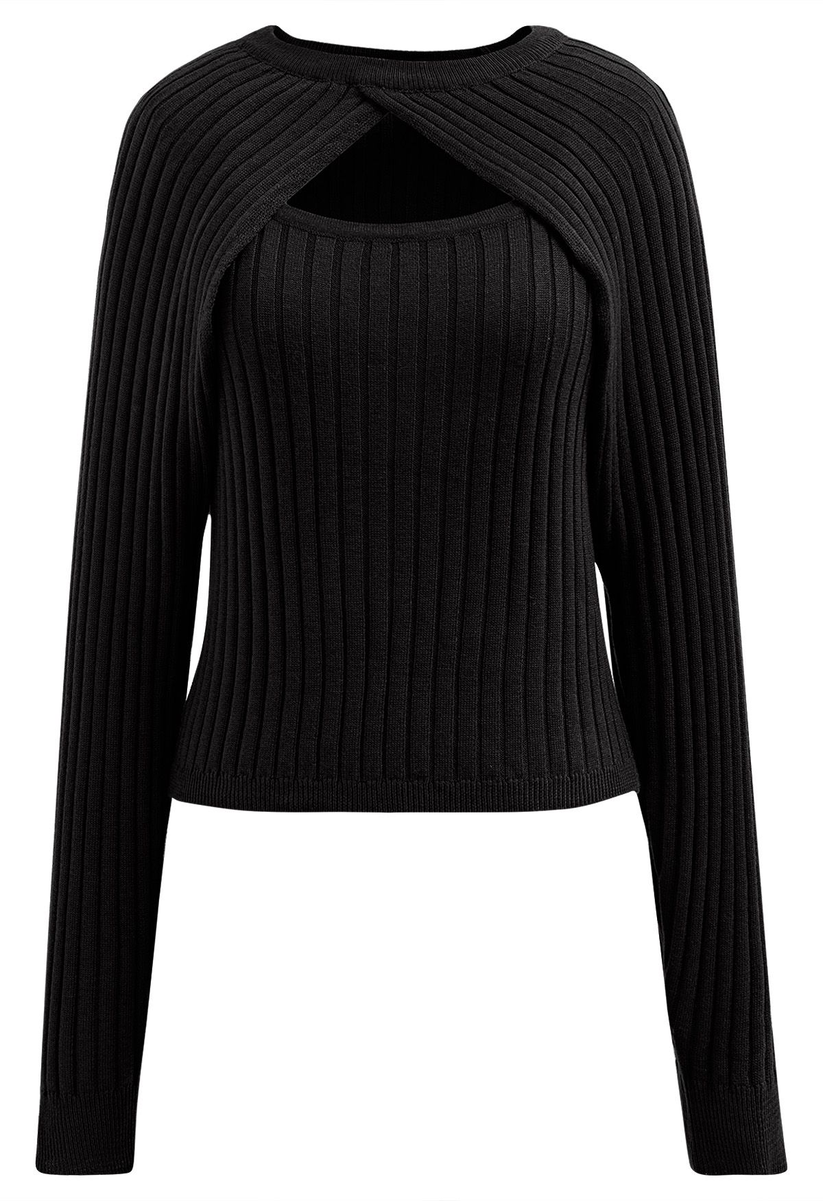 Solid Ribbed Knit Twinset Top in Black