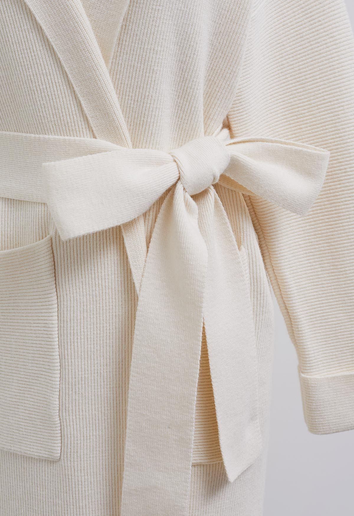 Notch Lapel Belted Longline Knit Cardigan in Ivory