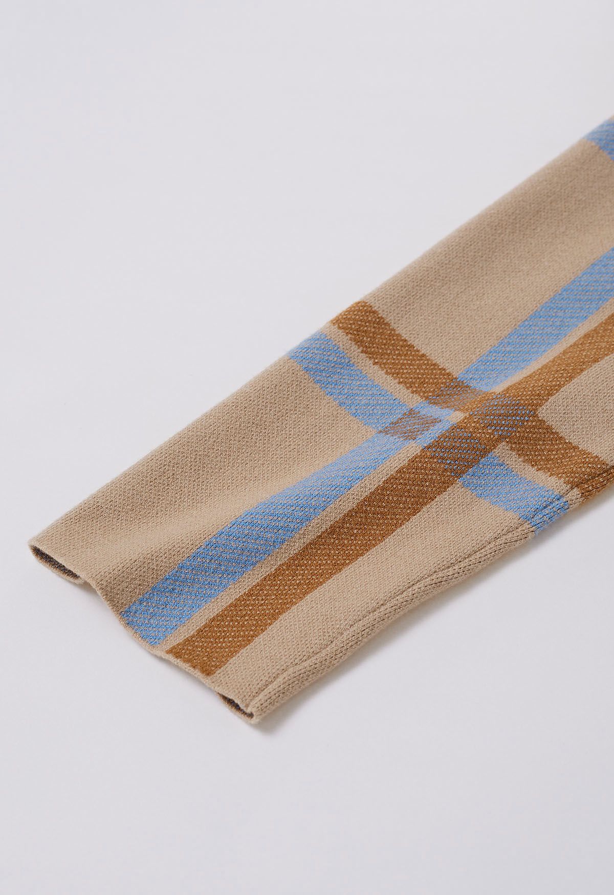 Collared Grid Pattern Tie Waist Knit Coat