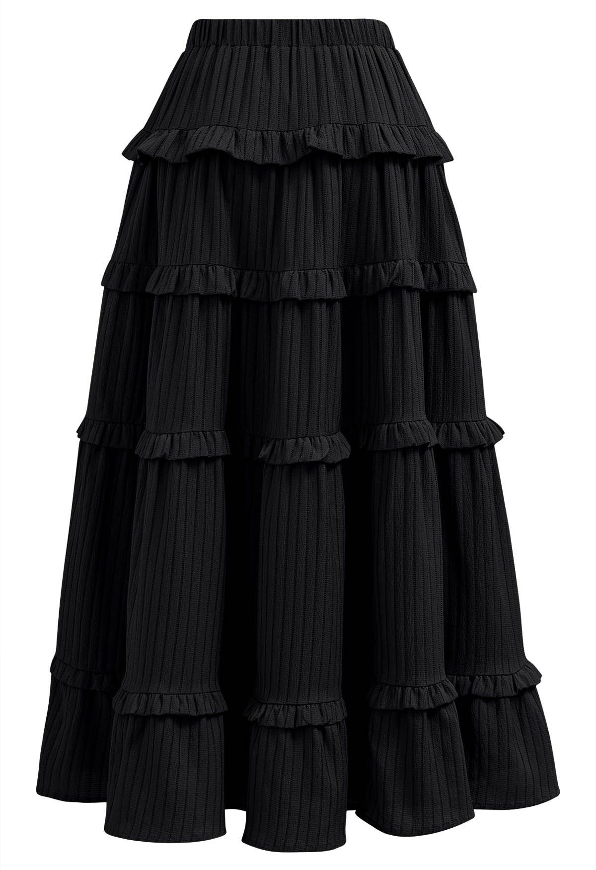 Ruffle Tiered Stripe Texture Maxi Skirt in Black