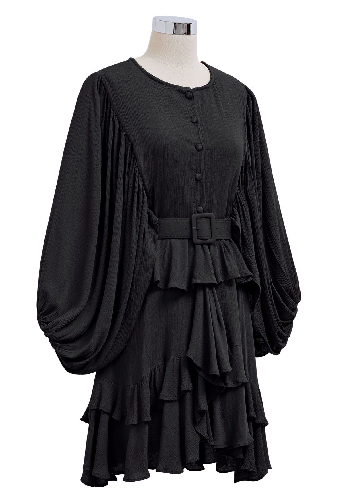 Exaggerated Bubble Sleeve Belted Ruffle Dress in Black