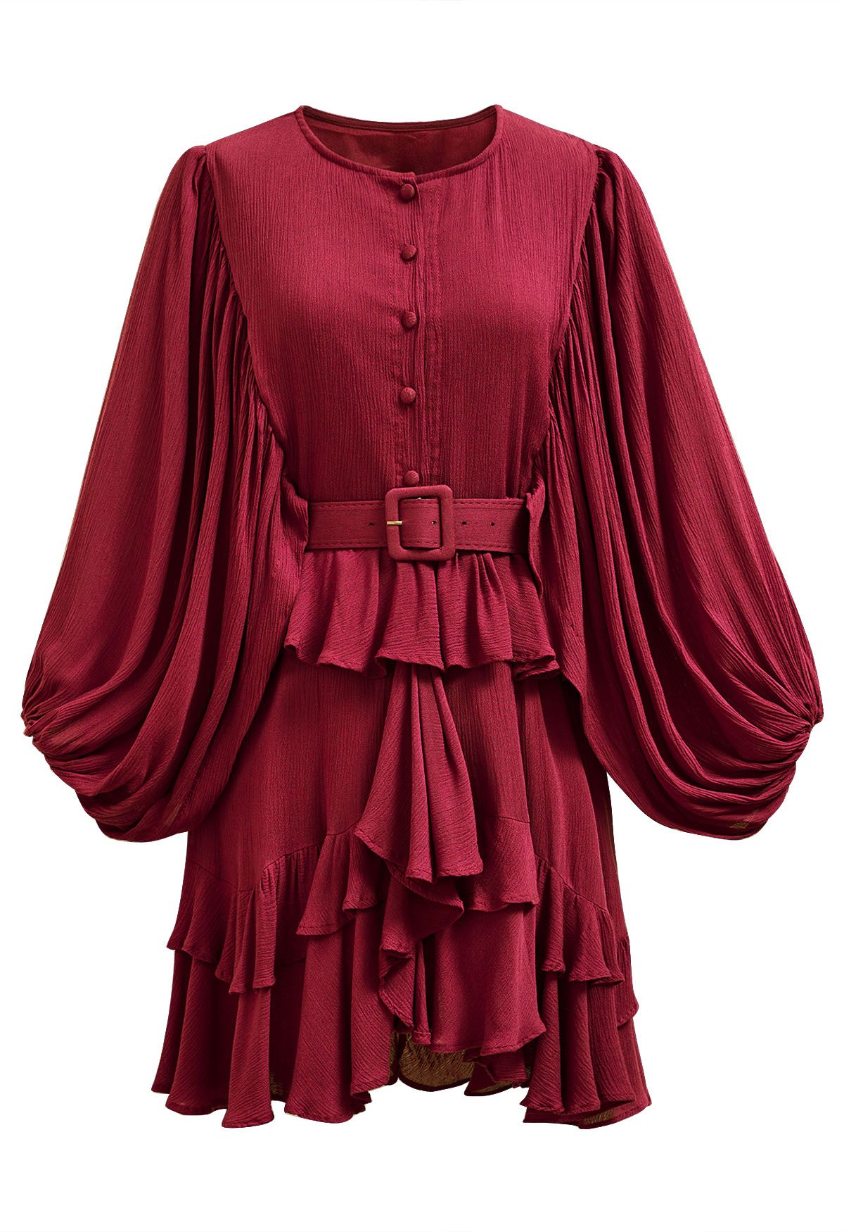 Exaggerated Bubble Sleeve Belted Ruffle Dress in Red