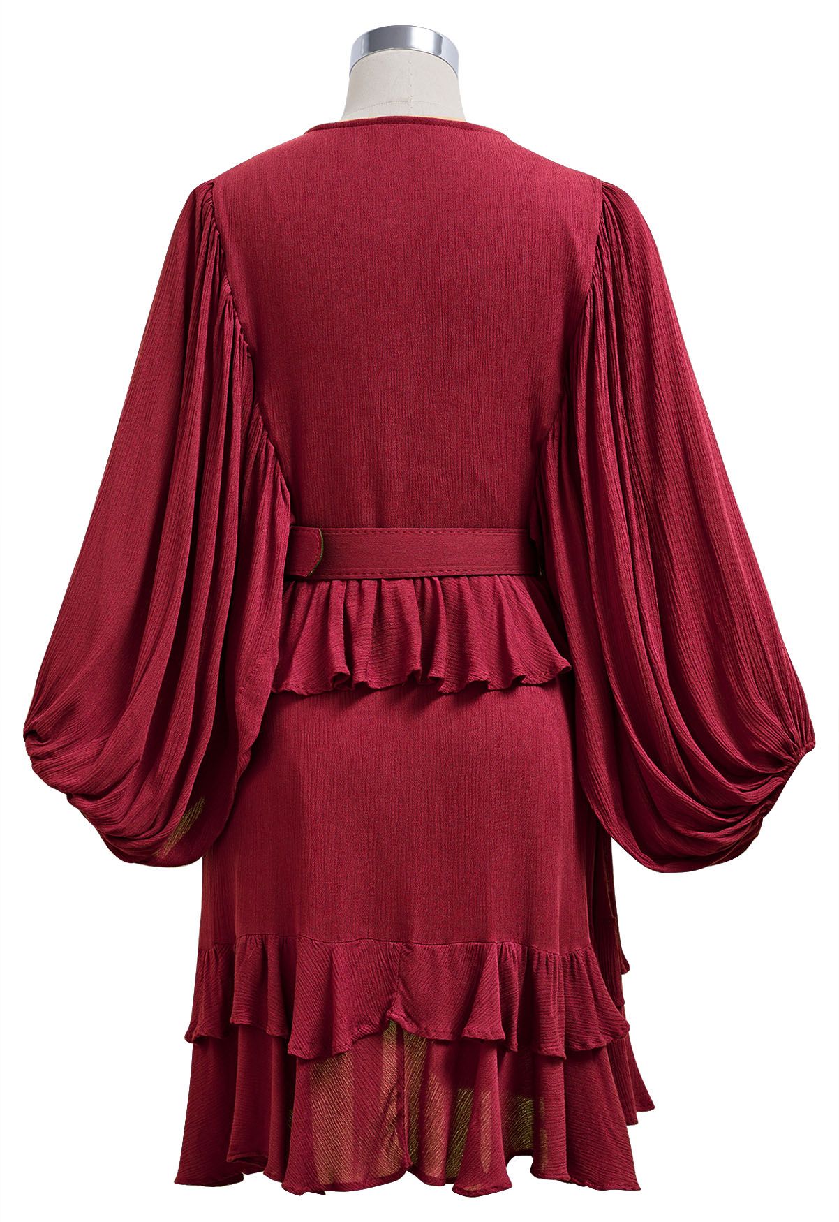 Exaggerated Bubble Sleeve Belted Ruffle Dress in Red