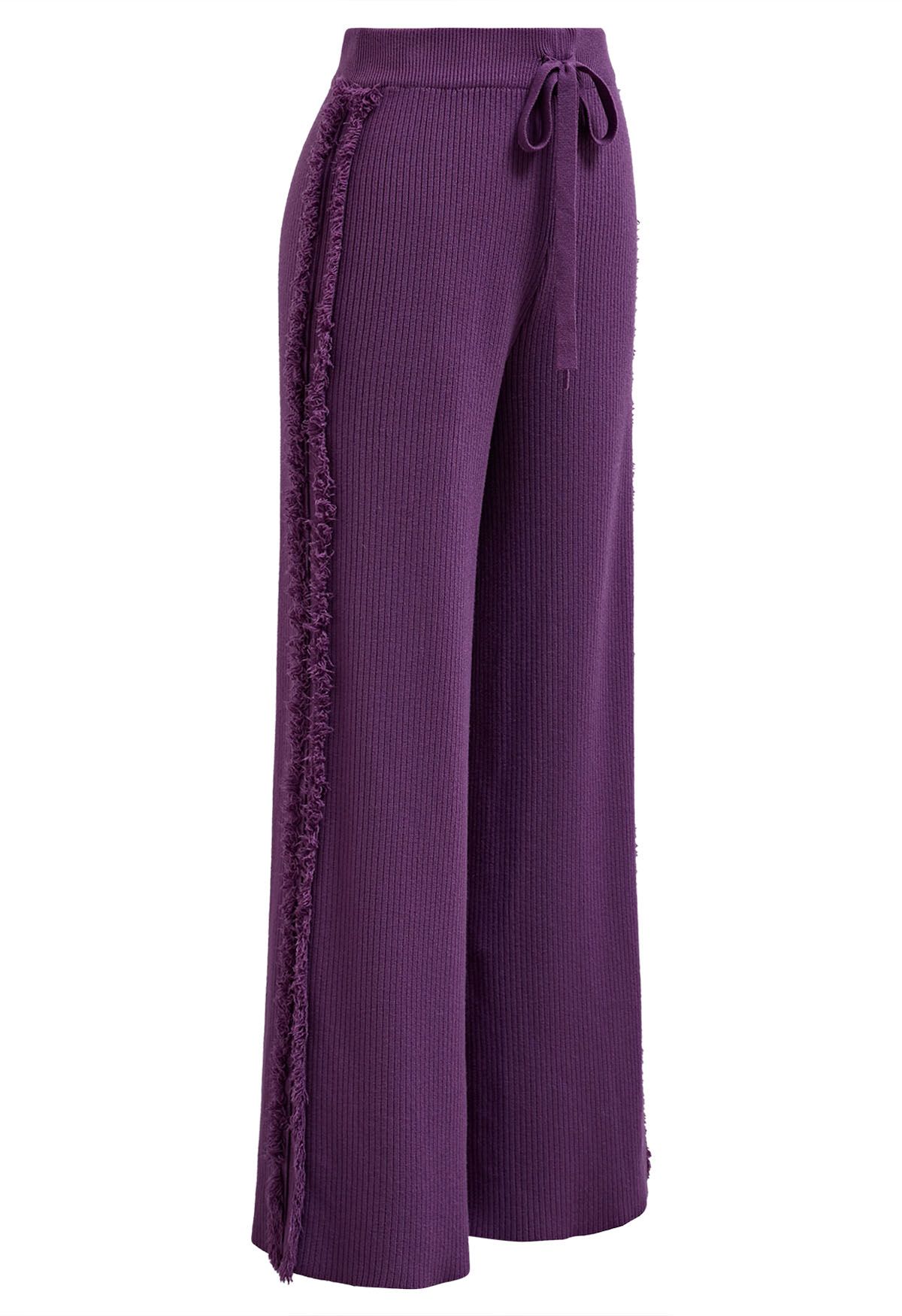 Side Tassel Trim Straight-Leg Knit Pants in Purple