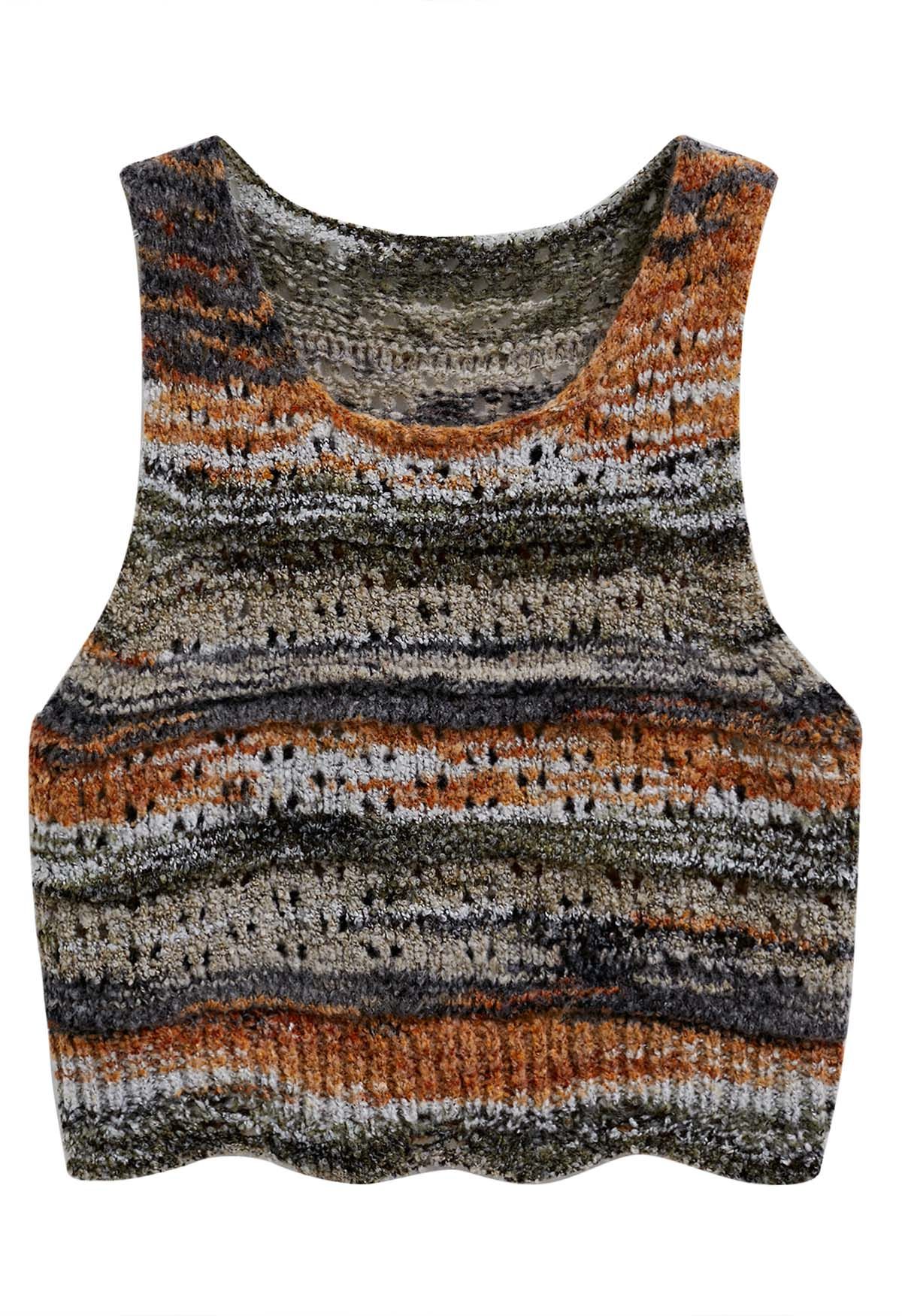 Multicolor Stripes Hollow Out Knit Vest in Camel