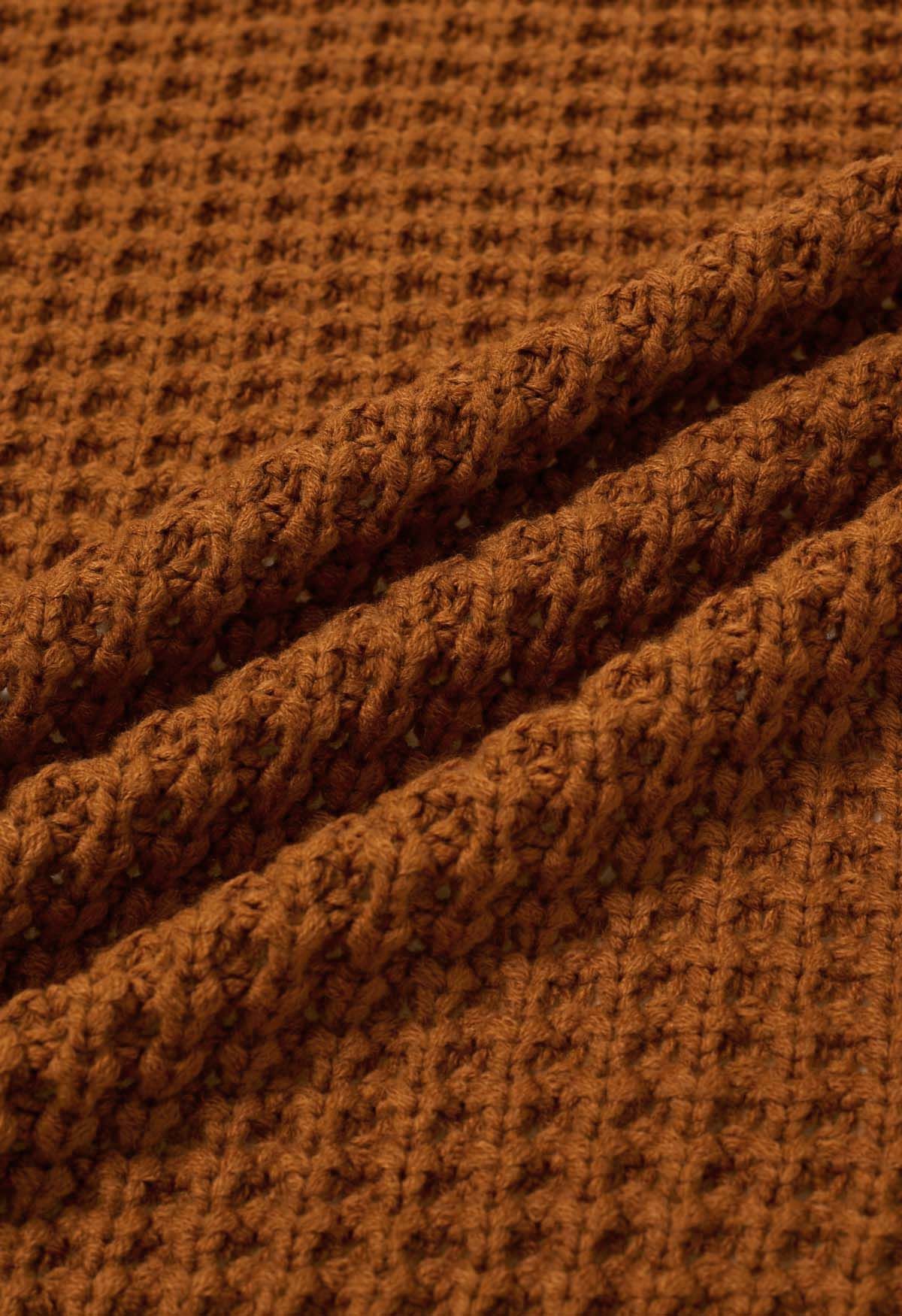 Batwing-Sleeve Pockets Waffle Knit Cardigan in Pumpkin