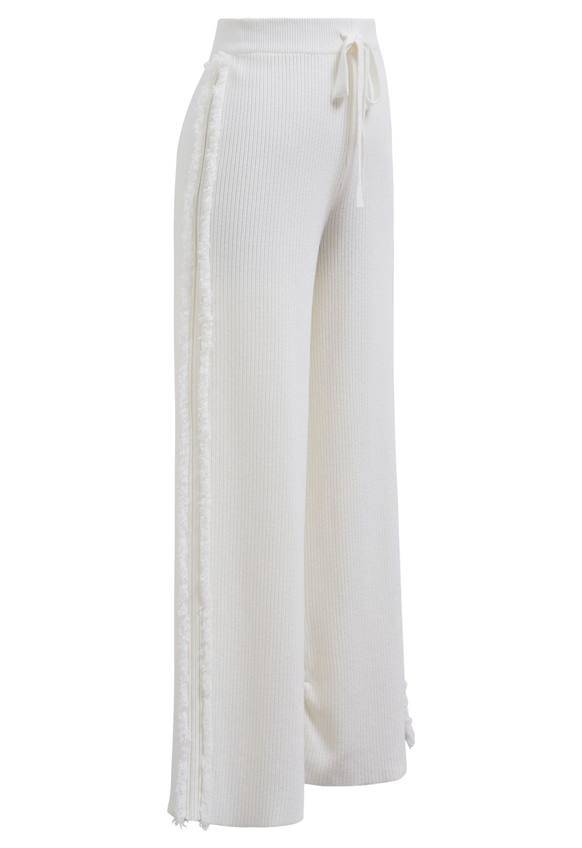 Side Tassel Trim Straight-Leg Knit Pants in White