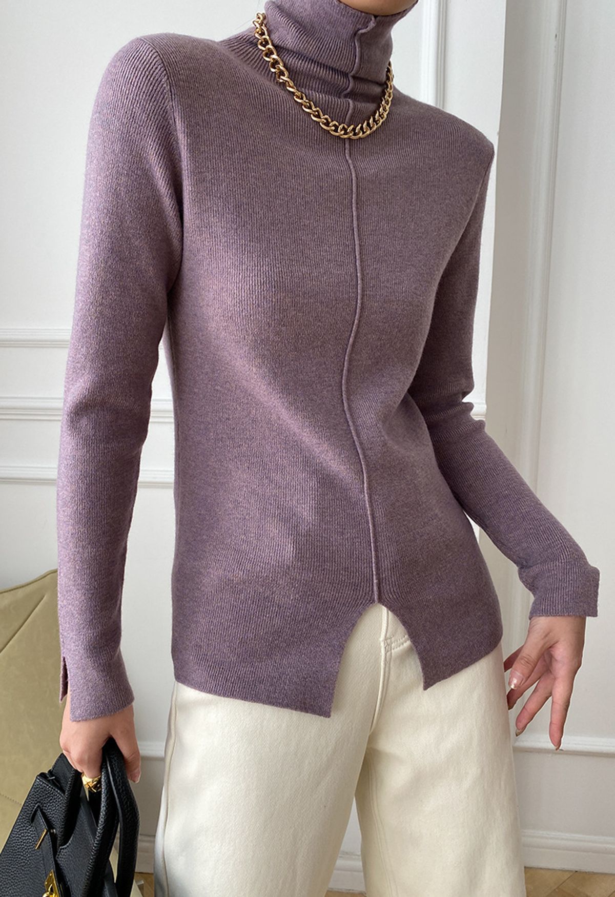 Seam Detail High Neck Slit Knit Top in Mauve