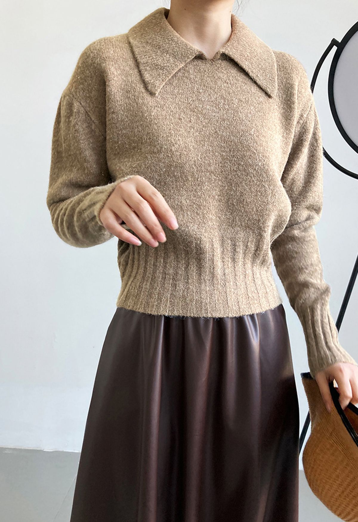 Pointed Collar Shimmer Knit Sweater in Taupe