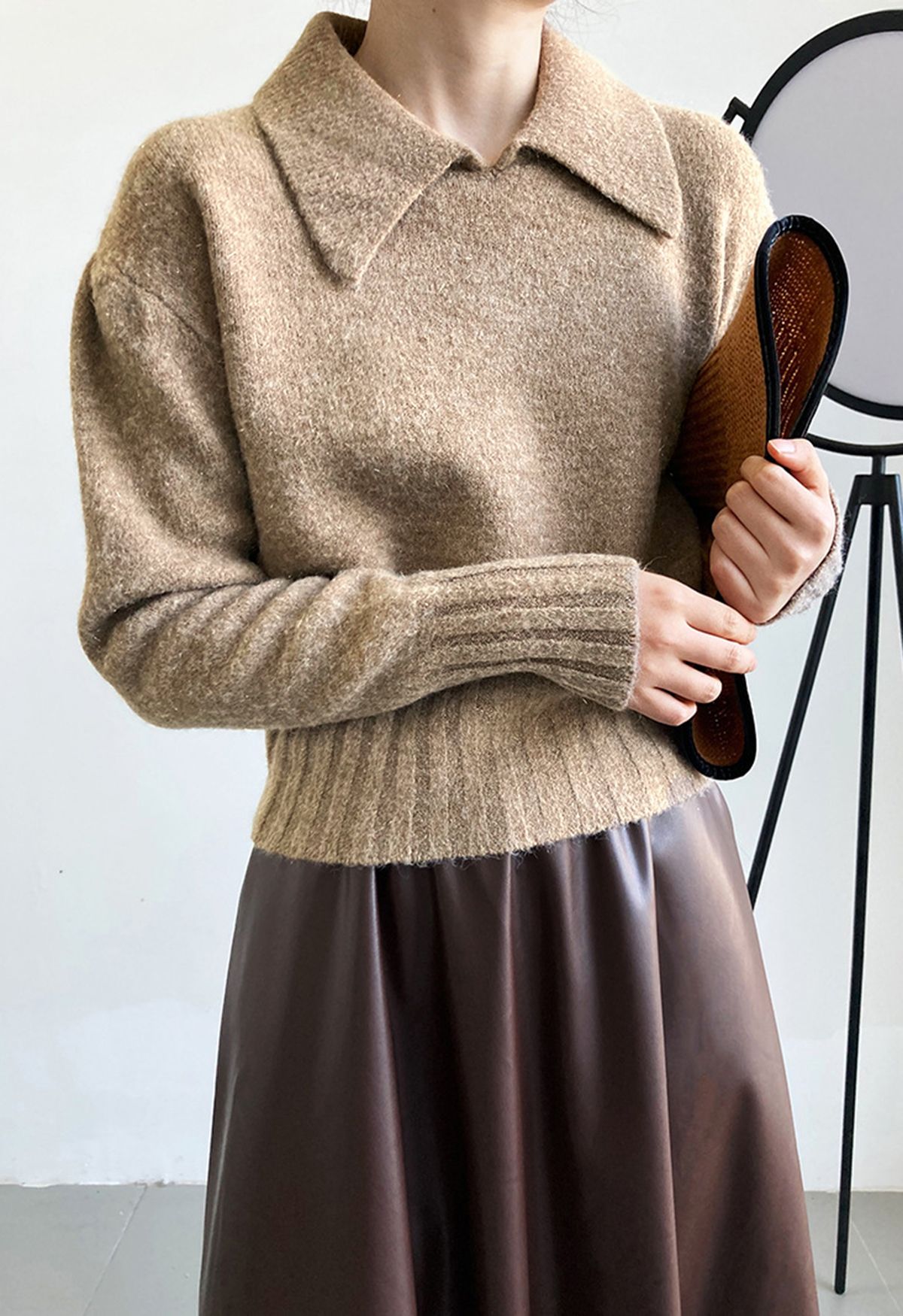 Pointed Collar Shimmer Knit Sweater in Taupe