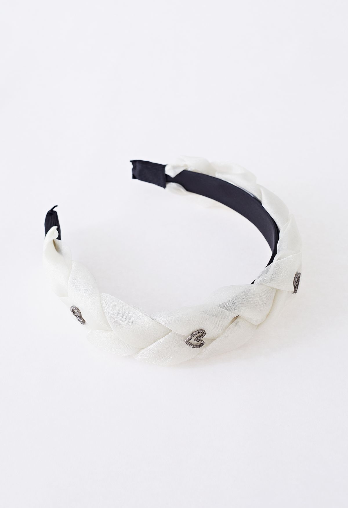 Crystal Heart Braided Organza Headband in Cream