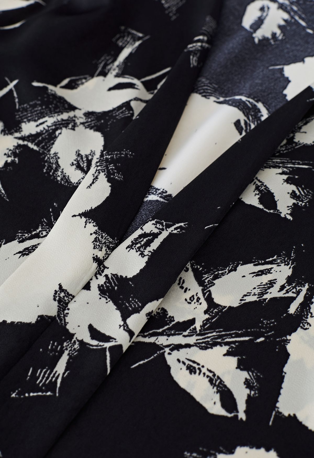 Ink Floral Lantern Sleeve Satin Shirt in Black