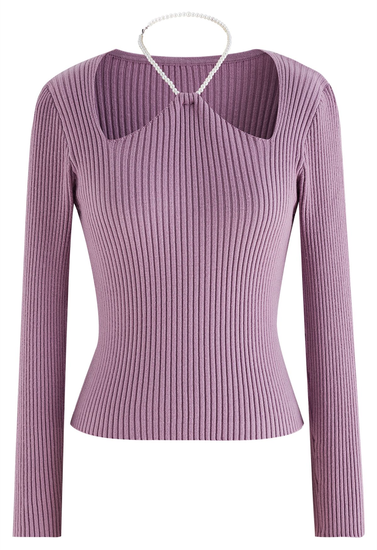 Pearl Halter Neck Ribbed Knit Top in Lilac