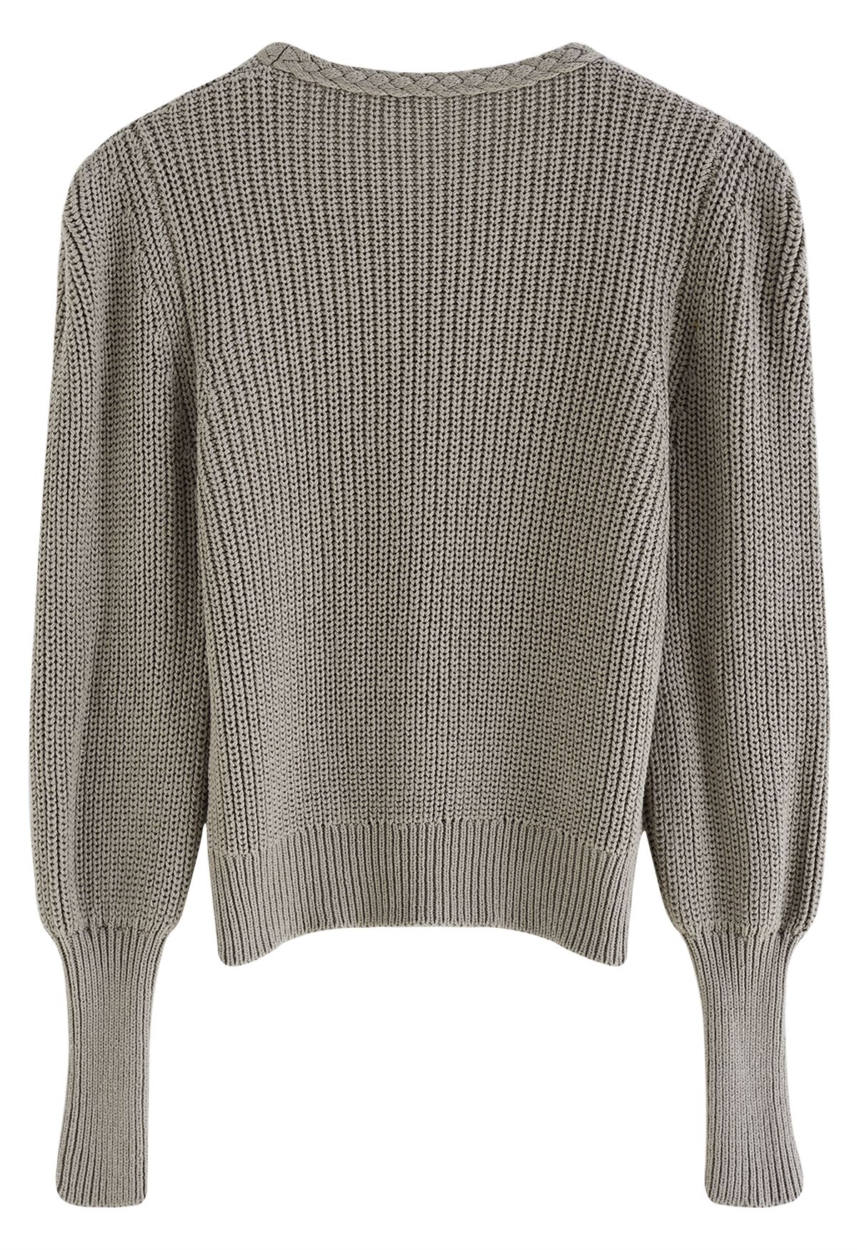 Braided Neck Puff Sleeve Rib Knit Top in Grey