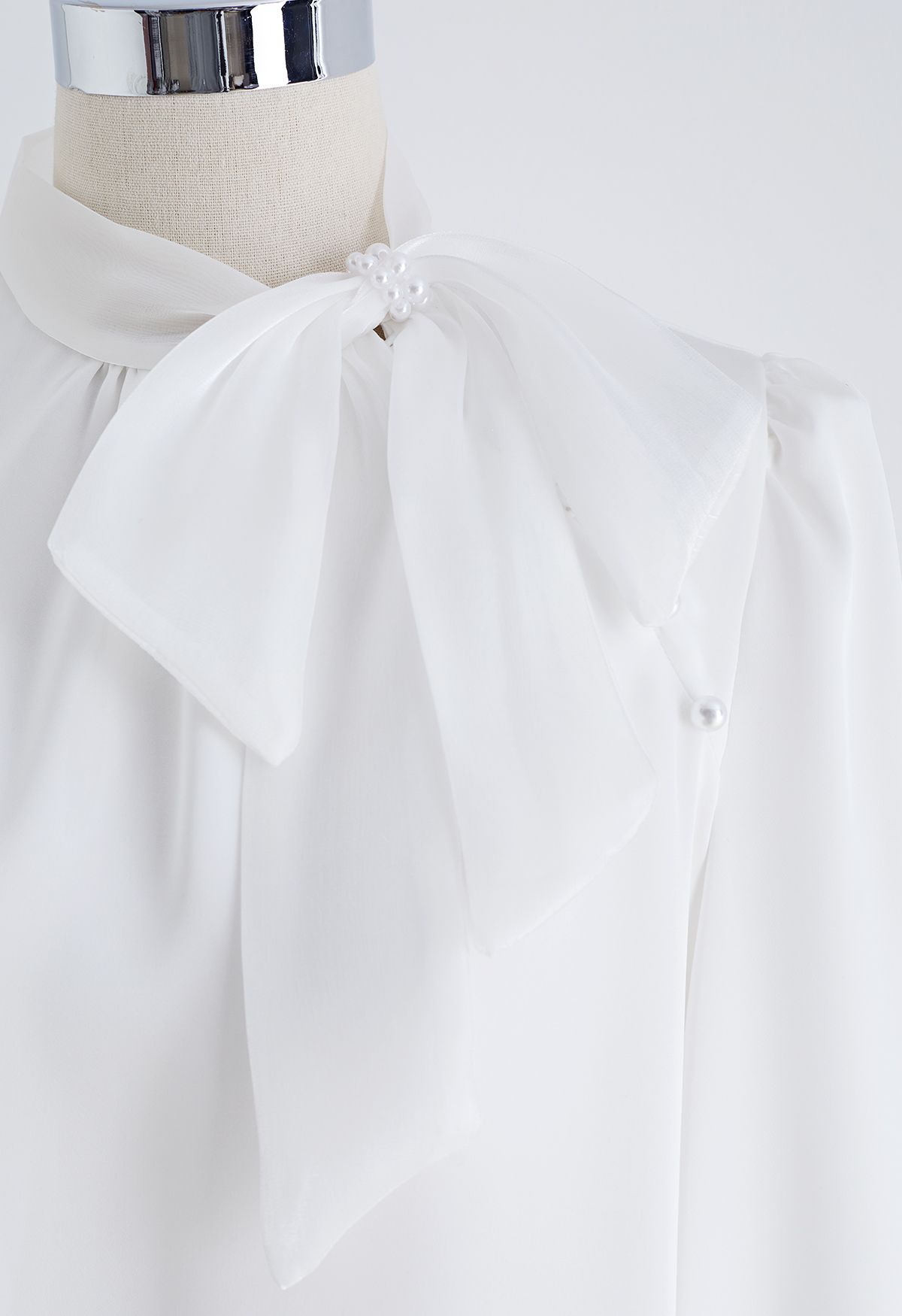 Organza Bowknot Pearl Satin Shirt in White