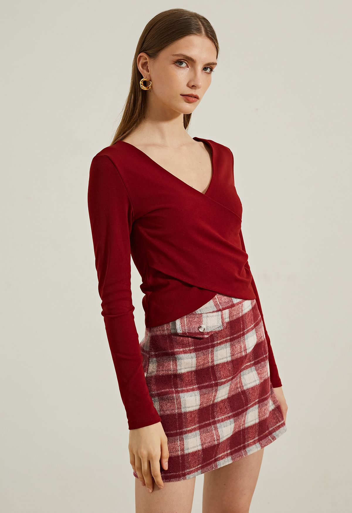 Crisscross Faux-Wrap Soft Cotton Top in Red