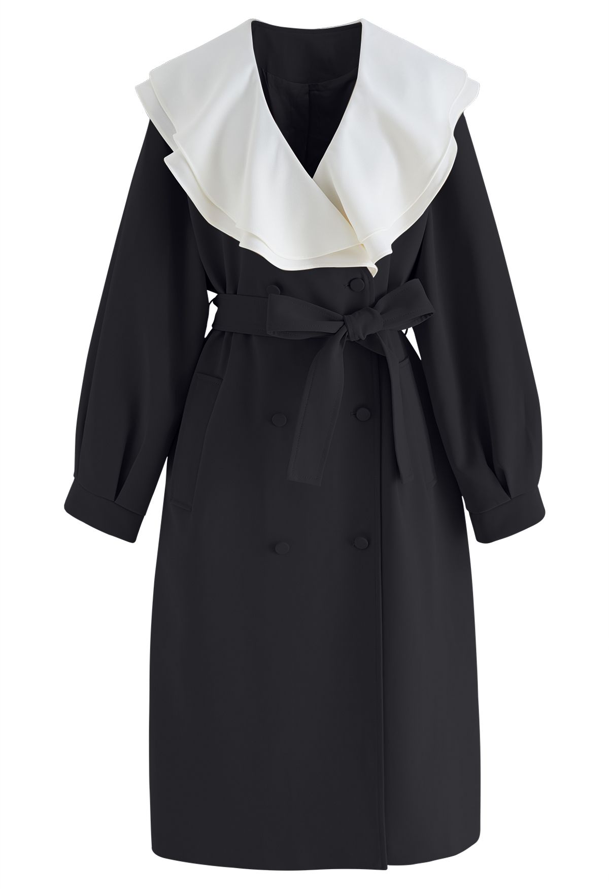 Ruffle Neck Double-Breasted Trench Dress in Black